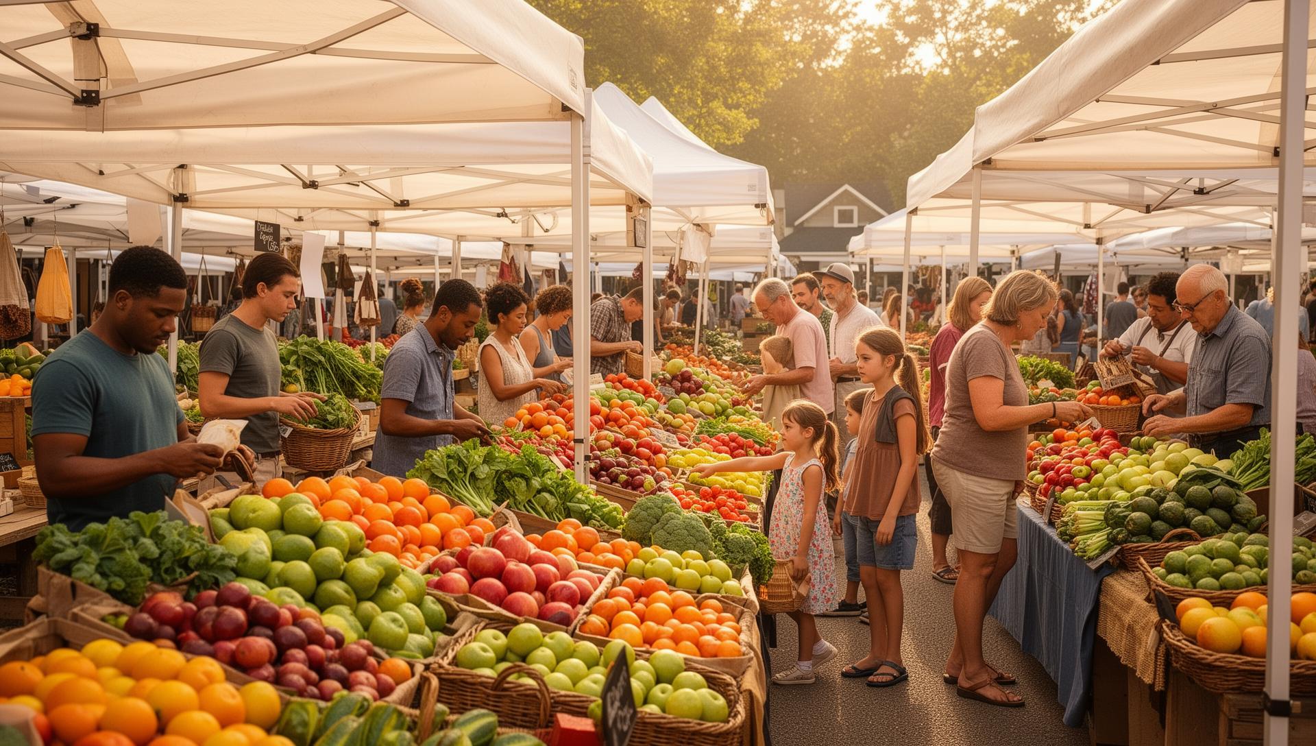People shopping at a vibrant farmers market