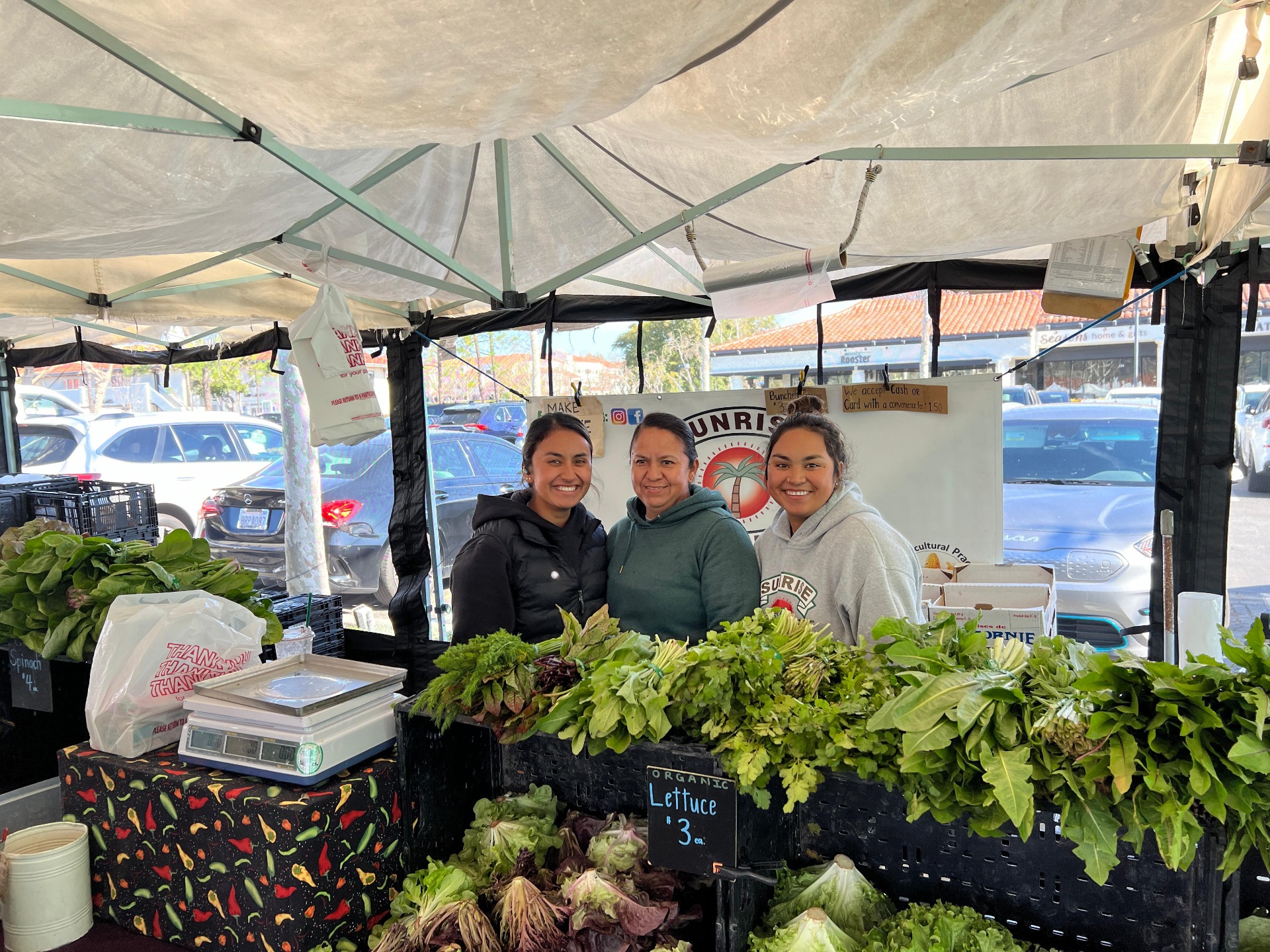 Friendly farmers market vendors with fresh produce